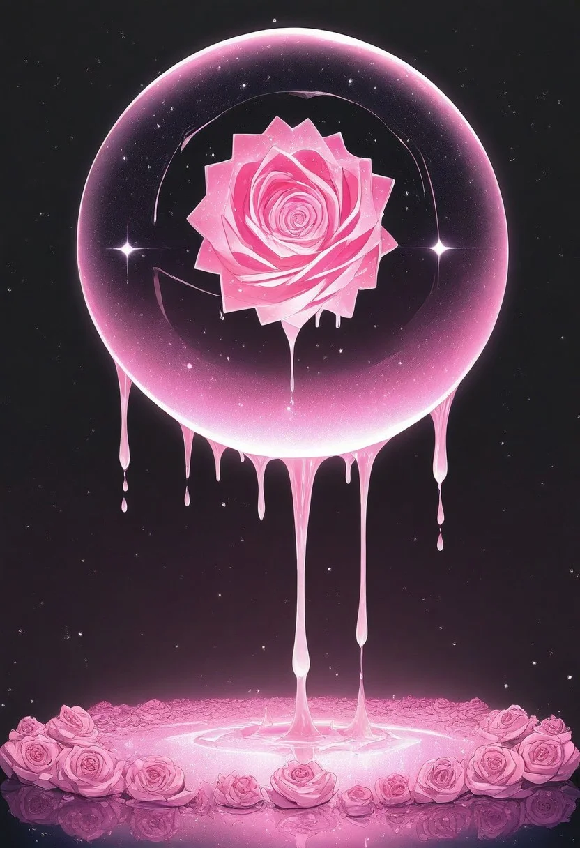 (masterpiece), best quality, Anime, Illustration, (Floating Sphere, Crystal, Magic, Reflection, Melting, Dripping, Pink Rose), Black Background, No Humans, Starry Theme, (Light Refraction), White and Pink Theme, Natural Lighting, symphtia-style