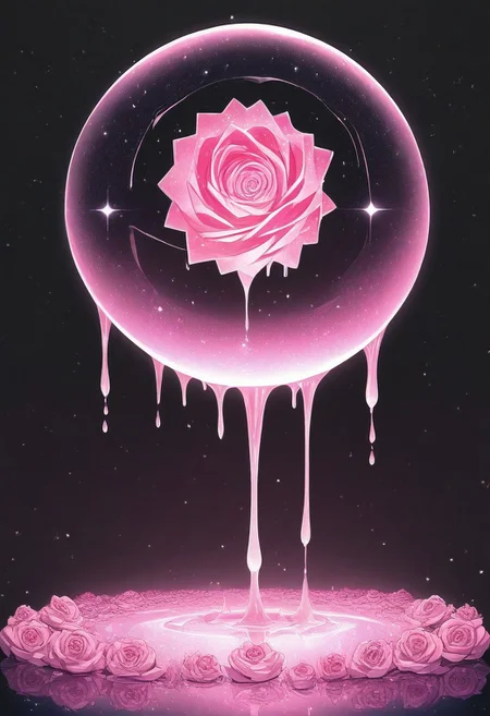 (masterpiece), best quality, Anime, Illustration, (Floating Sphere, Crystal, Magic, Reflection, Melting, Dripping, Pink Rose), Black Background, No Humans, Starry Theme, (Light Refraction), White and Pink Theme, Natural Lighting, symphtia-style