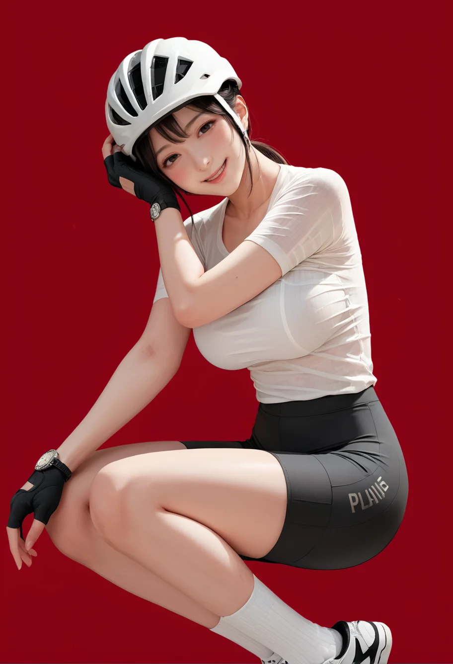 1girl,red background,,ruanyi1015,bike shorts,fingerless gloves,black shorts,helmet,white shirt,wristwatch,white socks,sneakers,<lora:1015 Cycling clothes_v1_pony:1>, score_9, score_8_up, score_7_up, score_6_up, score_9, score_8_up, score_7_up, score_6_up source_anime, blush, 1girl, seduce smile, perfect body , natural huge breasts