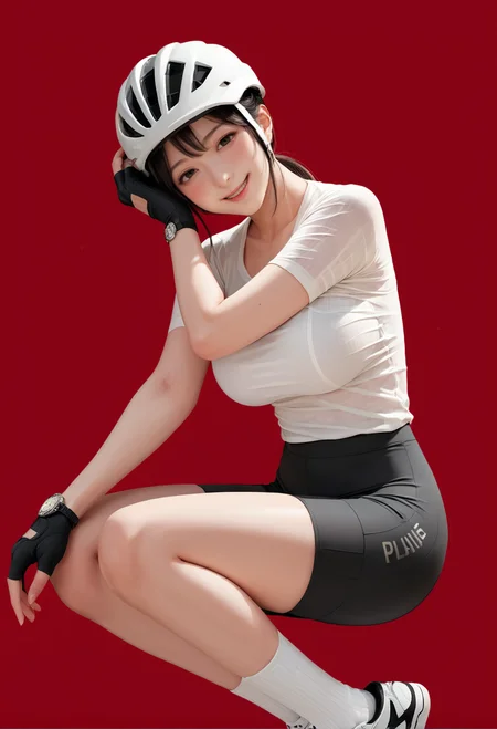 1girl,red background,,ruanyi1015,bike shorts,fingerless gloves,black shorts,helmet,white shirt,wristwatch,white socks,sneakers,<lora:1015 Cycling clothes_v1_pony:1>, score_9, score_8_up, score_7_up, score_6_up, score_9, score_8_up, score_7_up, score_6_up source_anime, blush, 1girl, seduce smile, perfect body , natural huge breasts