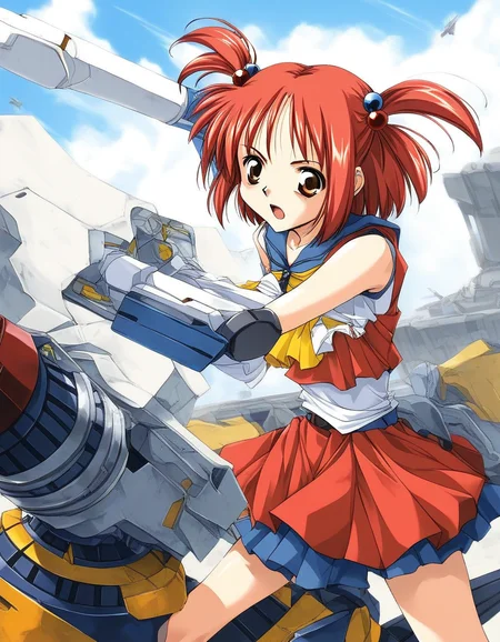 score_9, score_8_up, score_7_up, source_anime, rating_explicit, BREAK <lora:Megumi_Ver2.0_XL:1>ãMegumi_drill, drill, red hair, short hair, weapon, brown eyes, hair bobbles, hair ornament, two side up
robot, mecha,
outdoor, sky,