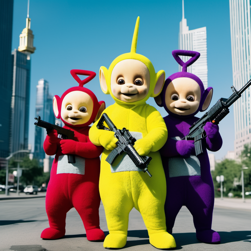 cinematic photo teletubbies with machineguns,  dollar sign on the head, city, money bills falls from the sky  <lora:Teletubbies1024:0.4> . 35mm photograph, film, bokeh, professional, 4k, highly detailed