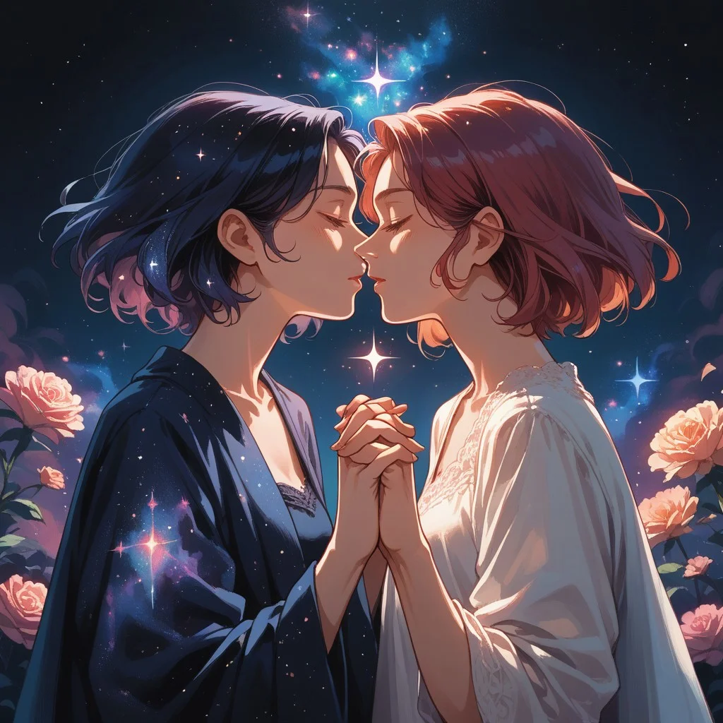lazyup7, source_anime, 2girls, yuri, long hair, short hair, holding hands, imminent kiss, galaxy