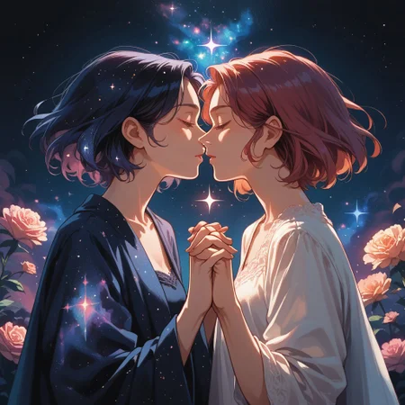 lazyup7, source_anime, 2girls, yuri, long hair, short hair, holding hands, imminent kiss, galaxy