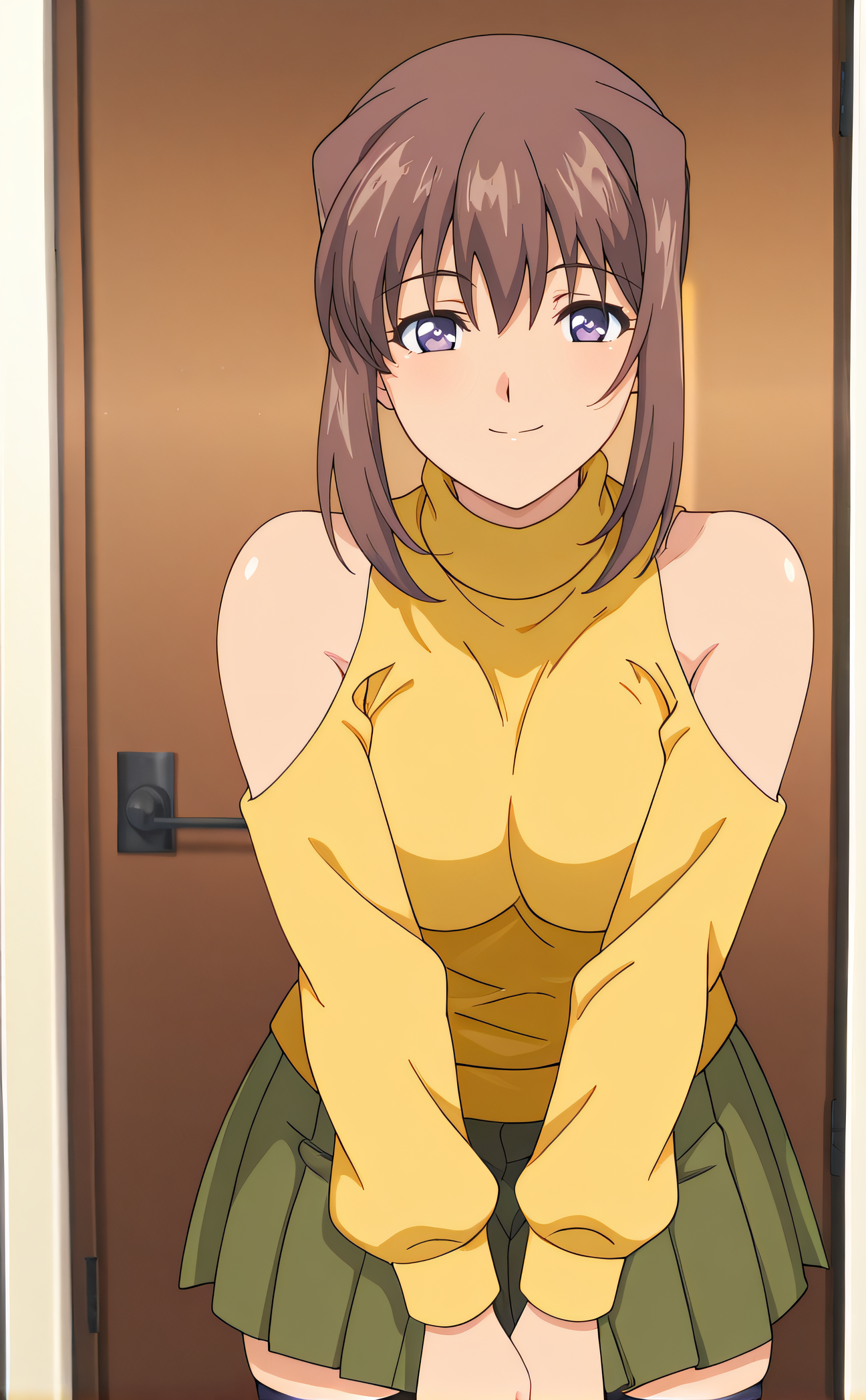 masterpiece, best quality, highres, newest, 1girl, solo, official style, anime screencap, <lora:Sano_Marika:1>, sanomarika, brown hair, purple eyes, clothing cutout, bare shoulders, shoulder cutout, yellow sweater, turtleneck, green pleated skirt, black thighhighs, looking at viewer, smile, indoor, cowboy shot