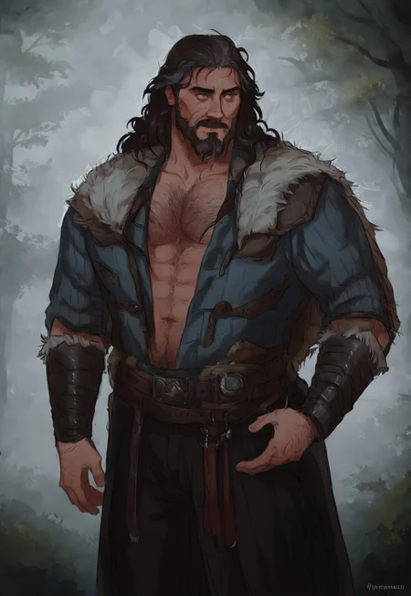 (score_9, score_8_up:1.1), score_7_up, waist-up portrait, masterpiece, semirealistic, 
...
fantasy style, Viking Style, Norse, Nordic, ... 1man, human, adult, mature, (mid-40s), druid, muscular male, male focus, solo, (IfanBM, mature male, tan skin, Miguel_Ohara, bara), ((aquiline nose, broken nose, Nose bridge, Hooked nose)), (freckled face), (tanned skin), ((long hair, dark-brown hair with grey streaks, wavy hair, back-length hair)), (((grey streaks in hair))), ((short beard, grey streaks)), (greying), (aging), (bright green eyes), (broad shoulders, wide torso), (tall, toned), (daddy vibes, bara), (hairy chest, hairy forearms), (Viking Style, fantasy style, Dark Navy Blue Viking Robe, Bronze Trim, Sleeves Rolled-Up to Elbows, Black Pants), Belt, Pants, ... (Magical Forest Background, detailed background, artistic and intricate background), (3-frame sketch), raw lighting, overexposed, harsh flash, volumetric lighting, cinematic lighting, aesthetic design, dramatic angle, dramatic framing, cinematic framing, posing at an angle, dynamic pose
...
(Magical Forest Background, detailed background, artistic and intricate background)
...
<lora:add-detail-xl:1.5>, 