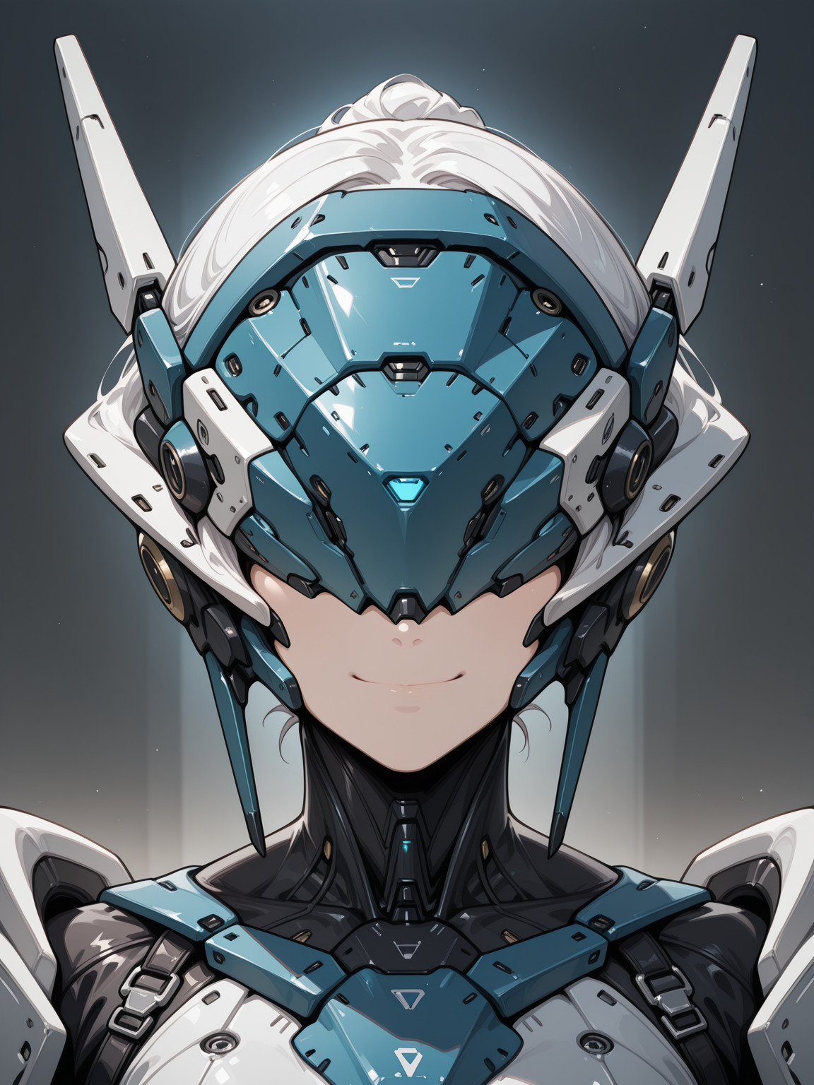 masterpiece,best quality,amazing quality,very aesthetic,absurdres,newest,
BREAK,
, science fiction, , portrait, 
solo, ,1girl, , , headgear, covered eyes, smile, 
 <lora:Anachrotech_Mecha_bits_Illustrious:1> an4chr0t3ch,