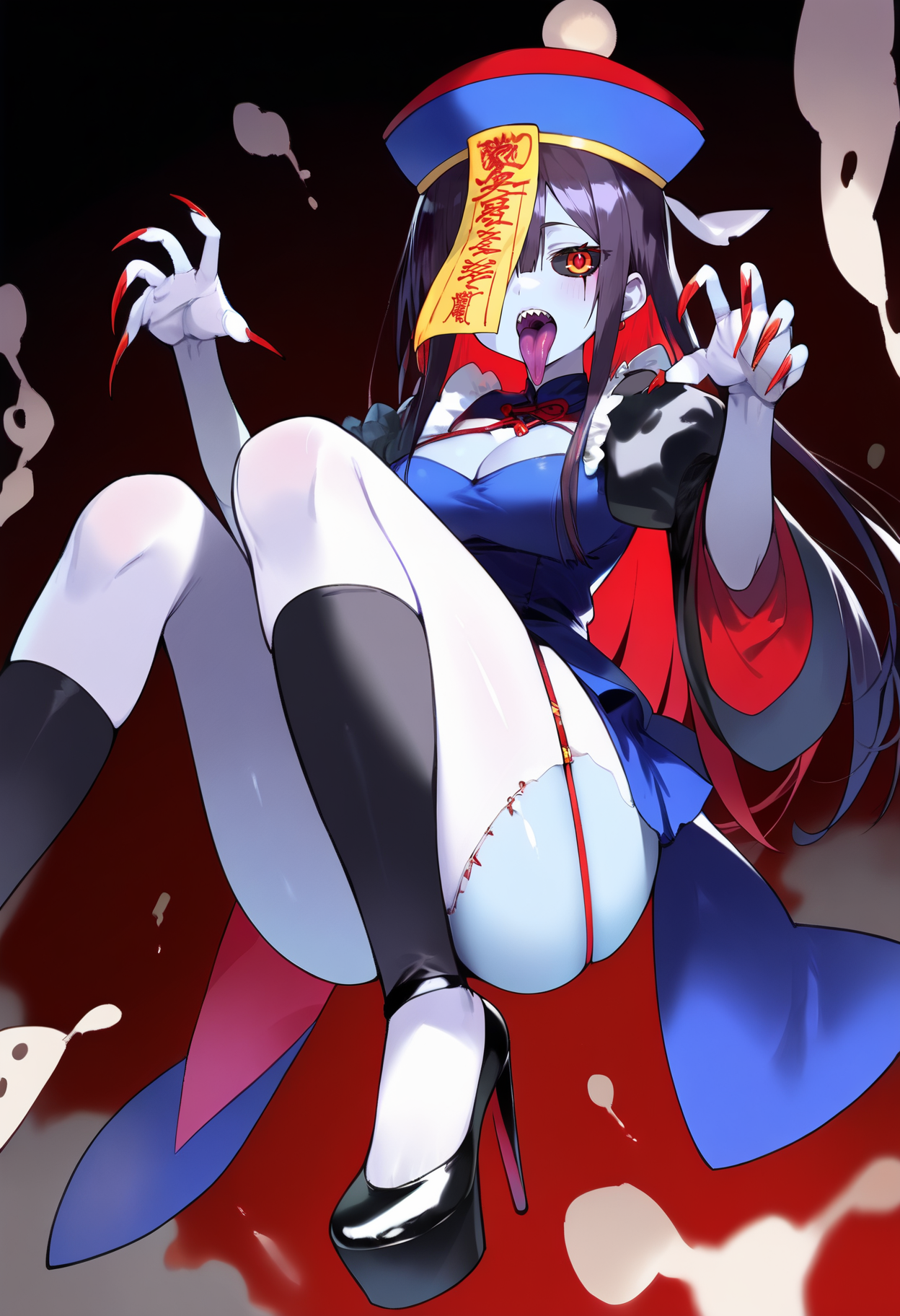 score_9, score_8_up, score_7_up, score_6_up, score_5_up, score_4_up, BREAK source_anime,  <lora:Jiangshi:0.9>, JiangshiT, tongue out, colored skin, zombie pose, black sclera, ofuda, long fingernails, platform heels