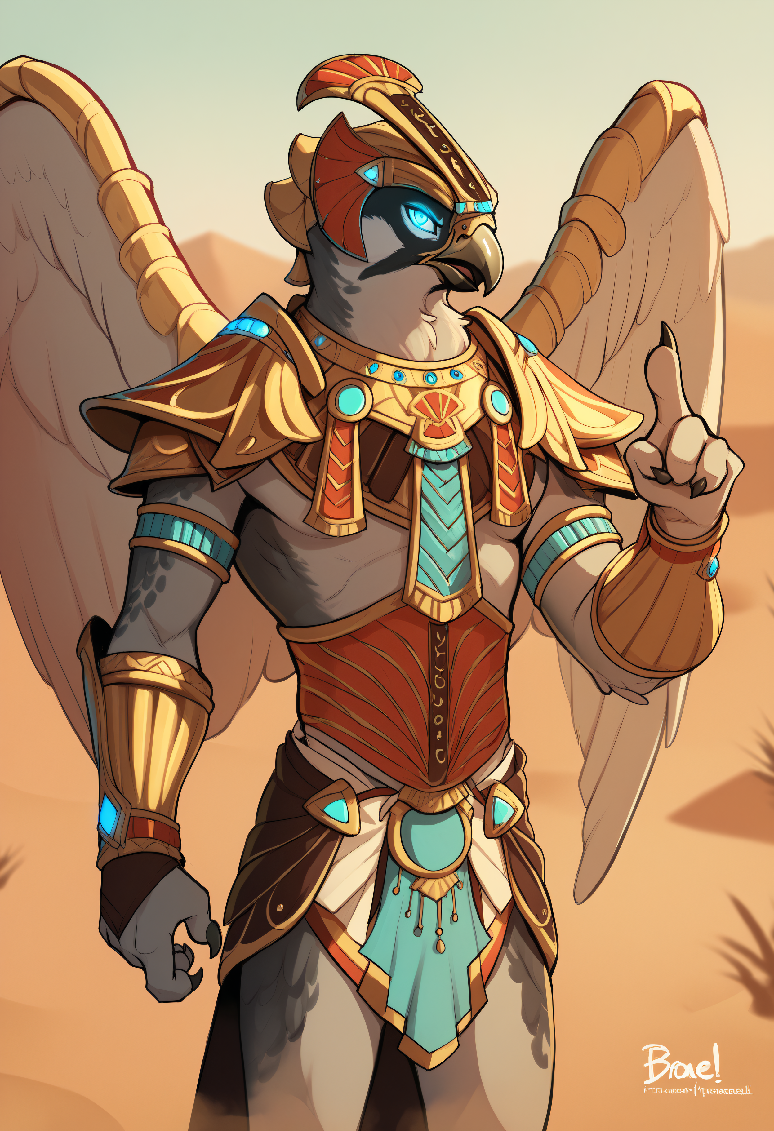 score_9, score_8_up, score_7_up, score_6_up, score_5_up, score_4_up, BREAK, braeburned, by braeburned, horuspdxl, 1boy, avian, blue eyes, furry, glowing eyes, (headpiece), wings, shoulder armor, bracer, claws, grey fur, glowing eyes, outdoors, desert, cowboy shot, (pointing at viewer), <lora:HorusSmite:0.7> <lora:Braeburned_Style_PonyXL:0.8>