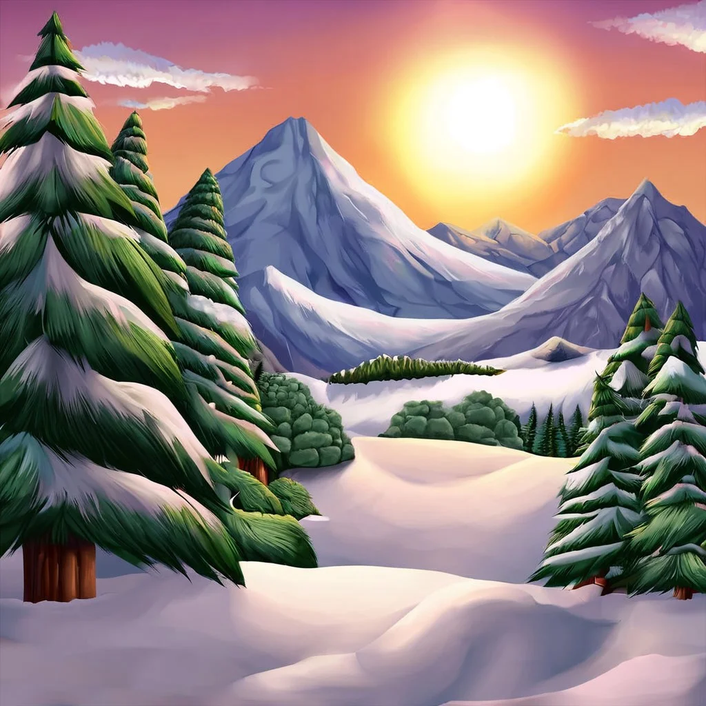 Mountains, bushes, trees, sun, day, snow