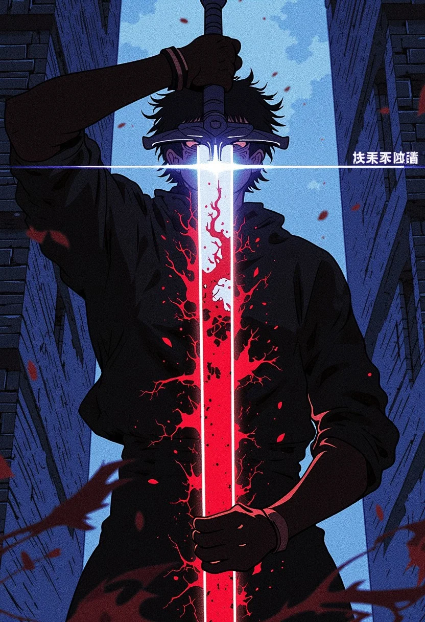 Anime style, background is dark ebony castle, holding a sword, bright white sword, bright white horizontal line glowing, In this stance, person are holding his two-handed sword on top of his head while next to it. there is a reflection sword that shows red glow that morphs with surroundings, In this stance. holding sword vertically pointing the sword down the frame,
