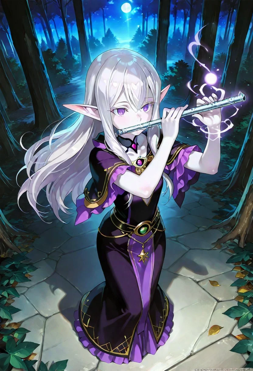 score_9, score_8_up, score_7_up, full body of a Beautiful female elven druid, purple eyes, silver hair. pale pink skin, playing a flute, magic, leaves as clothes, Forest in the background, night, beautiful ilustration, silver moon,((4k,8k,Ultra HD)),((Masterpiece :1.2)),((Best quality :1.2)),((Detailed :1.5)),((Detailed background :1.5)),Composition, foreshortening, positioning, pose, improved pose,body composition, facial expression, expression,