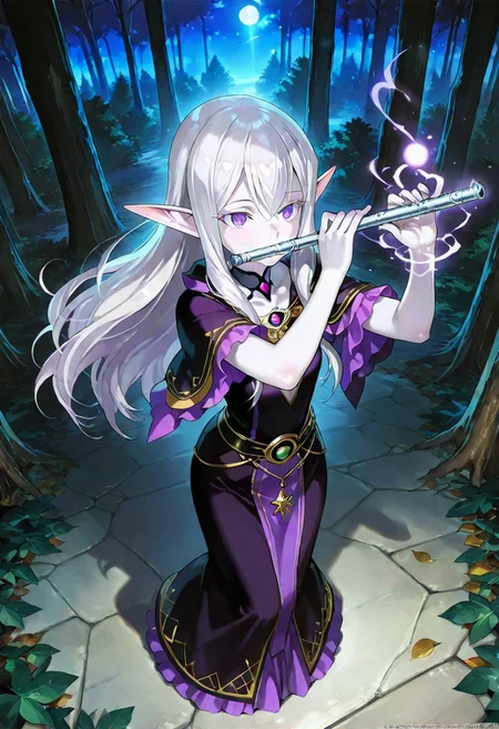 score_9, score_8_up, score_7_up, full body of a Beautiful female elven druid, purple eyes, silver hair. pale pink skin, playing a flute, magic, leaves as clothes, Forest in the background, night, beautiful ilustration, silver moon,((4k,8k,Ultra HD)),((Masterpiece :1.2)),((Best quality :1.2)),((Detailed :1.5)),((Detailed background :1.5)),Composition, foreshortening, positioning, pose, improved pose,body composition, facial expression, expression,