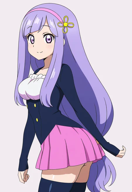 masterpiece, best quality, solo, curvy, beautiful eyes, narrow waist, wide hips, 1girl, solo, smile, looking at viewer, zzVioletta, purple eyes, purple hair, hair ornament, blunt bangs, long hair, low-tied long hair, pink hairband, jacket, sleeves past wrists, pink skirt, black thighhighs, zettai ryouiki, ,<lora:ViolettaByKurumiErika_IXL:1.0>, side view, ass, leaning forward, cowboy shot, smile, looking at viewer, shiny skin,