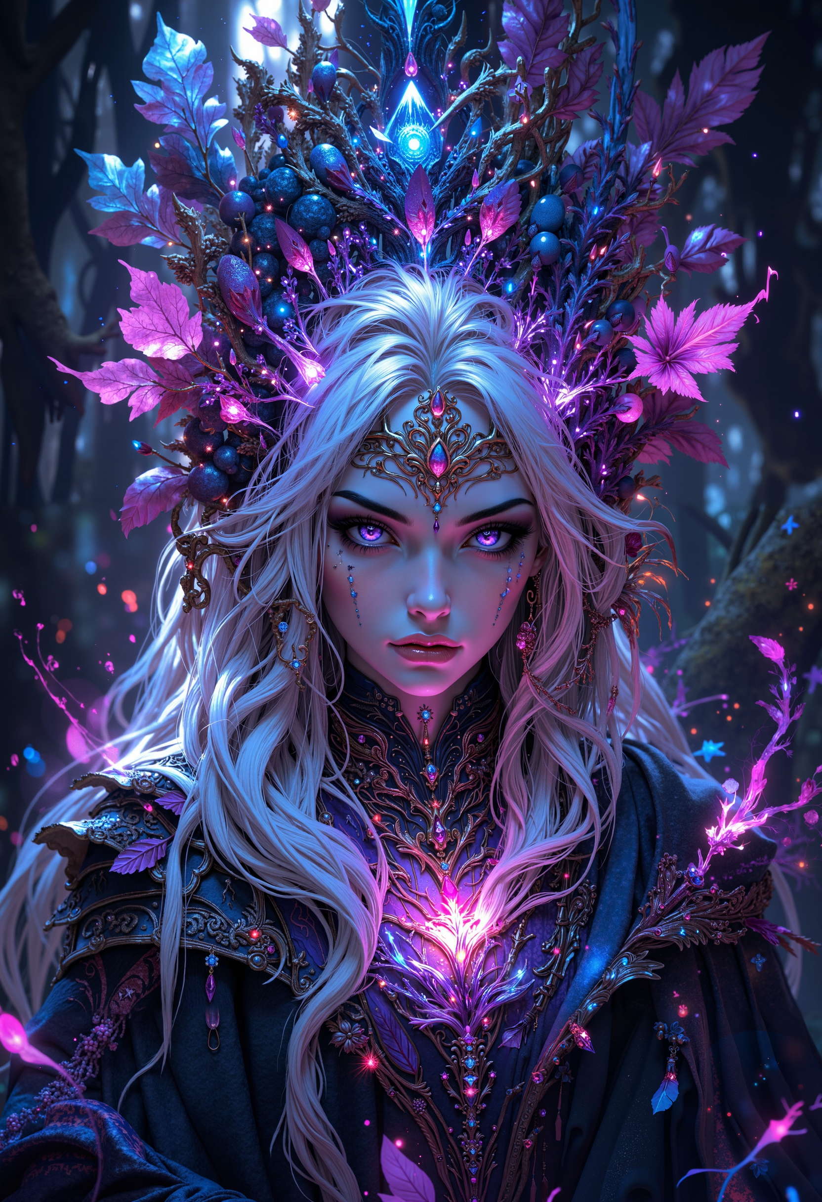 aidmaMJ6.1, a digital artwork depicting a mystical, ethereal scene, the subject is a young woman with pale, almost translucent skin and long, flowing white hair, her eyes are a striking, glowing purple, adding a surreal and otherworldly quality to her appearance, she wears a headpiece adorned with intricate, glowing, purple and blue elements, including large, leaf-like structures and small, glowing orbs, her face is adorned with a mix of pink and purple gemstones, and her lips are full and slightly parted, giving a serene expression, the background is a dense, dark forest with blurred, pinkish-purple hues, suggesting a magical or otherworldly setting, the lighting is soft and diffused, creating a dreamlike atmosphere, the texture of the artwork is smooth and detailed, with a high level of realism in the depiction of light and shadow, enhancing the ethereal quality of the subject, high quality, ultra detailed, colorful, abstract, fantasy<lora:Flux\aidmaMJ6.1-FLUX-v0.4.safetensors:0.6:0.6> <lora:Flux\MysticFantasy.safetensors:1.0:1.0>