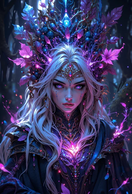 aidmaMJ6.1, a digital artwork depicting a mystical, ethereal scene, the subject is a young woman with pale, almost translucent skin and long, flowing white hair, her eyes are a striking, glowing purple, adding a surreal and otherworldly quality to her appearance, she wears a headpiece adorned with intricate, glowing, purple and blue elements, including large, leaf-like structures and small, glowing orbs, her face is adorned with a mix of pink and purple gemstones, and her lips are full and slightly parted, giving a serene expression, the background is a dense, dark forest with blurred, pinkish-purple hues, suggesting a magical or otherworldly setting, the lighting is soft and diffused, creating a dreamlike atmosphere, the texture of the artwork is smooth and detailed, with a high level of realism in the depiction of light and shadow, enhancing the ethereal quality of the subject, high quality, ultra detailed, colorful, abstract, fantasy<lora:Flux\aidmaMJ6.1-FLUX-v0.4.safetensors:0.6:0.6> <lora:Flux\MysticFantasy.safetensors:1.0:1.0>
