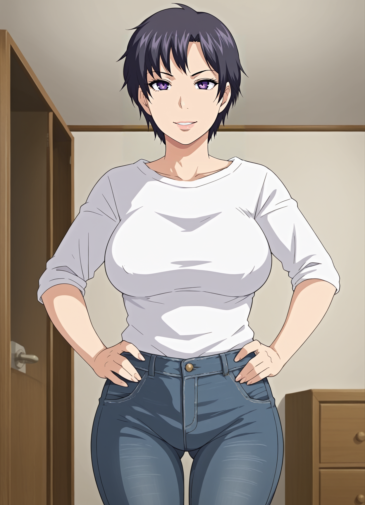 <lora:Yue_ni_Hitozuma_wa_Netorareta2:0.8>,mm,mature female,1girl,solo,short hair,black hair,purple eyes,large breasts,shirt,denim,pants,cowboy shot,hands on own hips,looking at viewer,indoors,light smile,