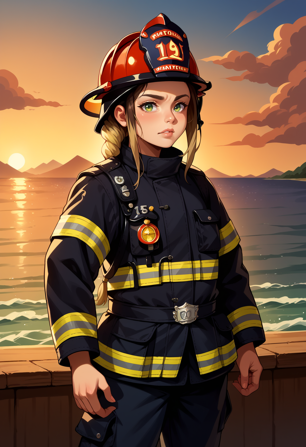 score_9, score_8_up,score_7_up, source_anime,1girl, solo, <lora:EPmhsKayna-06:1>,  EPmhsKayna, green eyes, multicolored hair, brown hair, blonde hair, sidelocks, braided ponytail, long hair,  detailed background, cowboy shot, EPFireFighter, <lora:EPFireFighterPony:1.0>, wearing EPFireFighter, jacket, black jacket, pants, black pants, harness, helmet, red headwear,sunset, bridge, ocean, water, building, mountainous horizon,