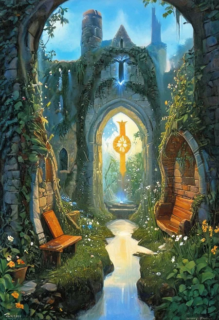 Concept: A sorcerer tends a magical garden where plants evolve rapidly. The garden symbolizes natural selection, with different plant species and magical eggs representing the various stages of evolution.
Fantasy Trope: A mystical garden guarded by a powerful sorcerer, reflecting the biological process of evolution.
nest, eggs, big eggs, lush, overgrown, flowers, trees, roots, insects, dragonfly, butterfly, fairy, fairies, fantasy garden, d&d, fantasy, book cover, oil painting, 70s, 80s, conan the barbarian, secret garden, castle, ruins, ancient, mystic, frazetta, easley, magician, wizard, sorcerer, knight, sword, rust, robe, hood, beard facial hair, man, old, old man, bearded