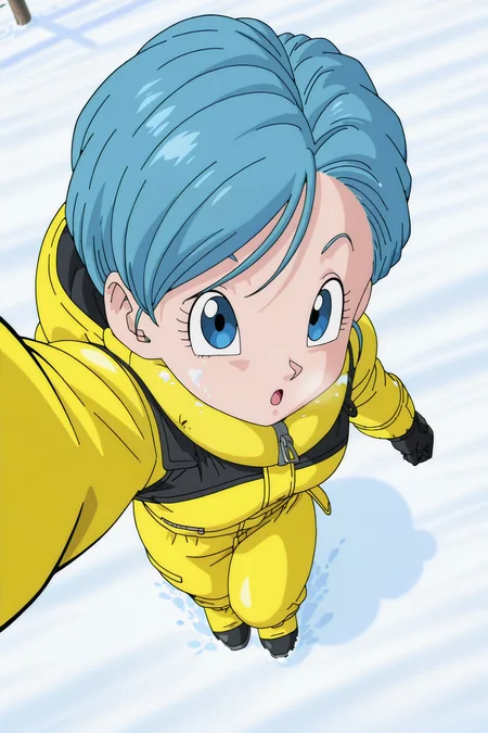 anime screencap, absurdres, high quality, official style,
bulma, super, 1girl, solo, looking at viewer, short hair, open mouth, blue eyes, hood down, blue hair, :o, yellow bodysuit, two tone bodysuit, snow, yellow spacesuit, selfie, from above, snow, ice, outdoors, dappled sunlight,
<lora:Bulma_IL:0.8>
