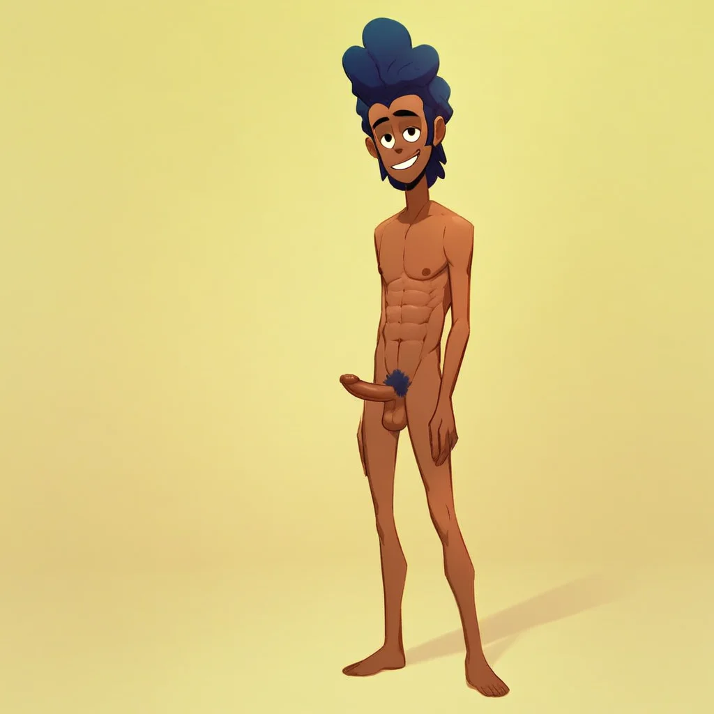 Hector High Five Nieves, solo, dark skin, blue hair,1boy, dark-skinned male, afro, pubic hair, completely nude, abs, penis, balls, standing, score_9, score_8_up, score_7_up, score_6_up <lora:vinceteaa_020_04v2-step00000400r:1> good face, good eyes, looking at viewer, full body,