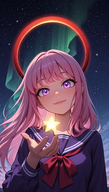 masterpiece, best quality, amazing quality, 4k, very aesthetic, high resolution, ultra-detailed, absurdres, newest, scenery, cartoon, toon, colorful, rim light, backlit, cosmic sky, aurora, chaos, fashion photography of busty cute girl, (cute:1.2), intense long pink hair, long hair, choppy bangs, nebulae cosmic purple eyes, rimlit eyes, dynamic pose, bokeh, purple serafuku with big red ribbon, red annular solar eclipse halo, perfect night, fantasy background, looking at viewer, light smile, glowing star in hand, (colorful light particles:1.2), (face focus:0.7), from below, dutch angle, upper body, head tilt, BREAK, detailed background, blurry foreground, depth of field, volumetric lighting