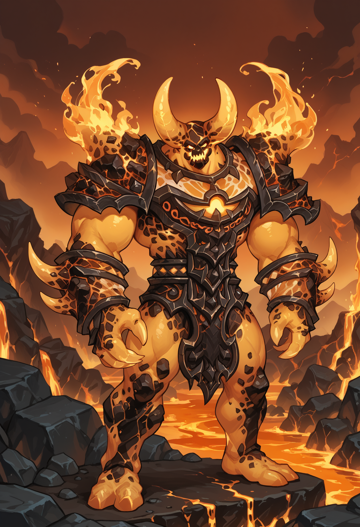 zPDXL3, score_9, score_8_up, score_7_up, detailed face, detailed body, detailed background, perfect anatomy, masterpiece, high quality, best quality, source_monster, outdoors, lava, volcano, red sky BREAK  monster, ragnaros, lava body, rock body, fire horns, fire claws, muscular, big pecs, broad shoulders, thick thighs, crossed arms <lora:detailed_notrigger:1> <lora:Ragnaros_WoW_V1:0.8>