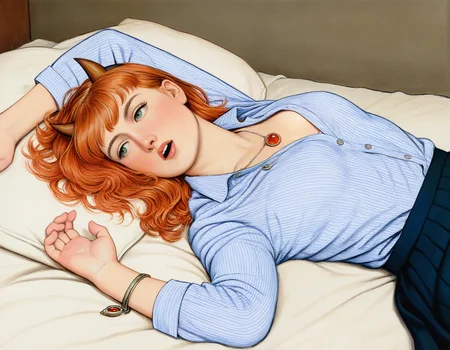by thoma, 1girl, original, portrait, sprawled on bed, medium-hair, orange-hair, green-eyes, small-breasts, collared-shirt, long-sleeves, small-horns, brown-horns, makeup, messy-hair, skirt, pendant. bracelet, from-side, newest, masterpiece, best quality, absurdres, highres, general