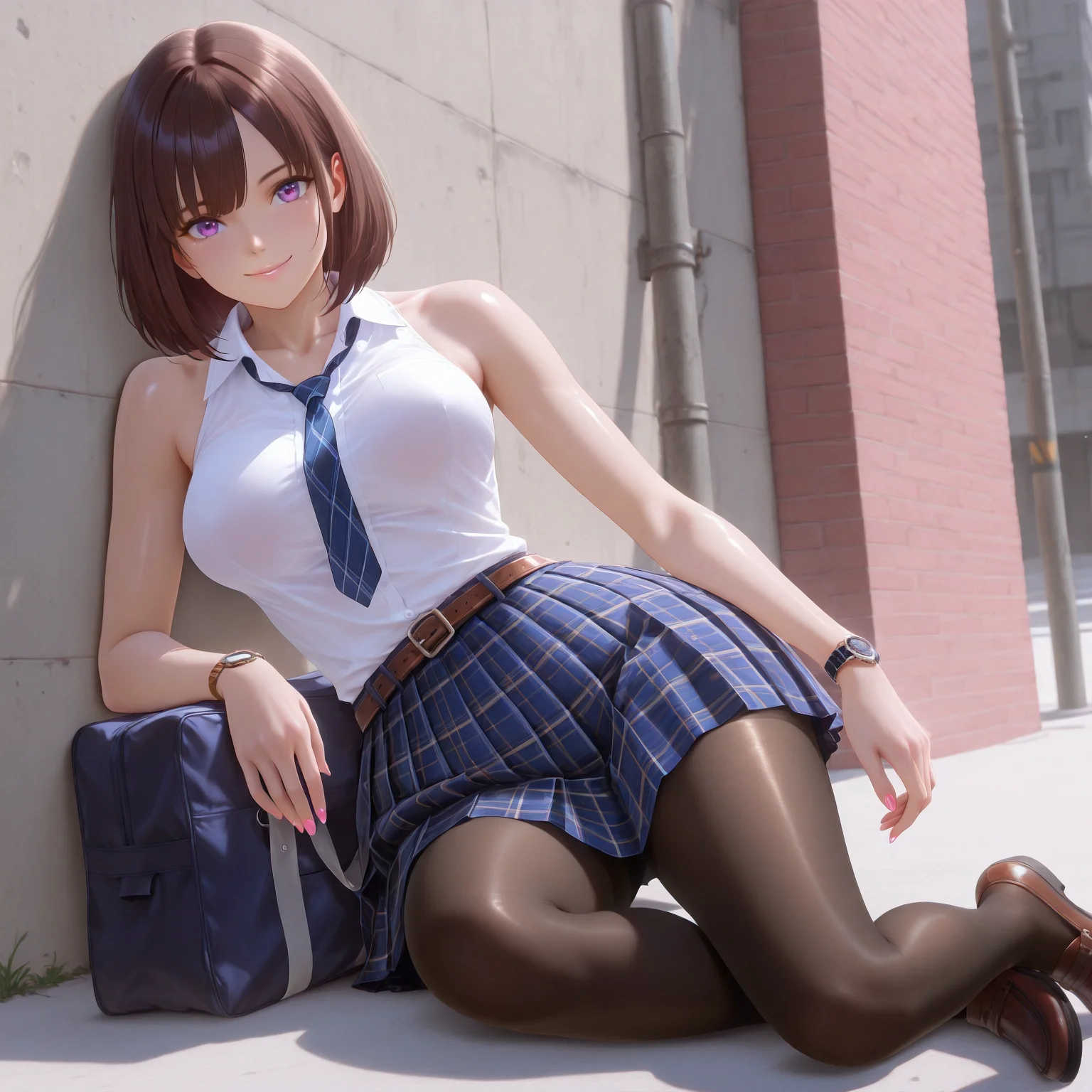 (masterpiece, best quality,solo,full body:1.4),highres,illustration,8k,Ultra_realistic,(looking at viewer, collarbone),(shiny_eyes,sparkling_eyes,smile,lying against wall,:1.2),
sheila,skirt,necktie,brown hair,sleeveless,sleeveless shirt,plaid skirt,blue necktie,purple eyes,plaid,white shirt,blue skirt,dress,wristwatch on left arm,medium hair,floral print,bare shoulders,collared shirt,bob cut,pleated skirt,black pantyhose,nail polish,school uniform,belt,brown footwear,bag,
medium breasts,bouncing breasts,outdoors,<lora:aidmaImageUpgrader-v0.3-IL:0.6>,<lora:sheila(IL):0.75>,