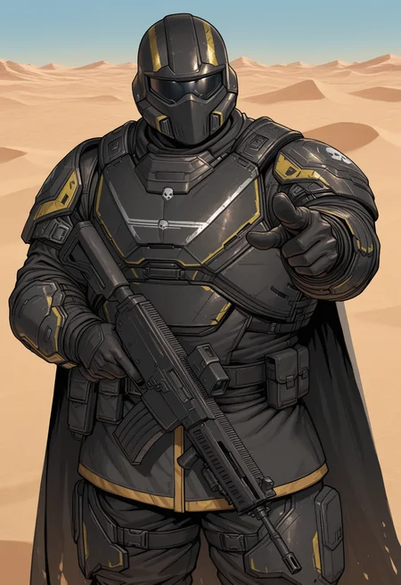 h3lldiv3r, male focus, outside, pointing at viewer, holding assault rifle, desert, armor, cape, colored background, detailed, muscular, perfect anatomy, masterpiece, best quality, good quality, newest, very aesthetic, <lora:HelldiverB-01_Helldivers2_V1_ILXL:0.8>