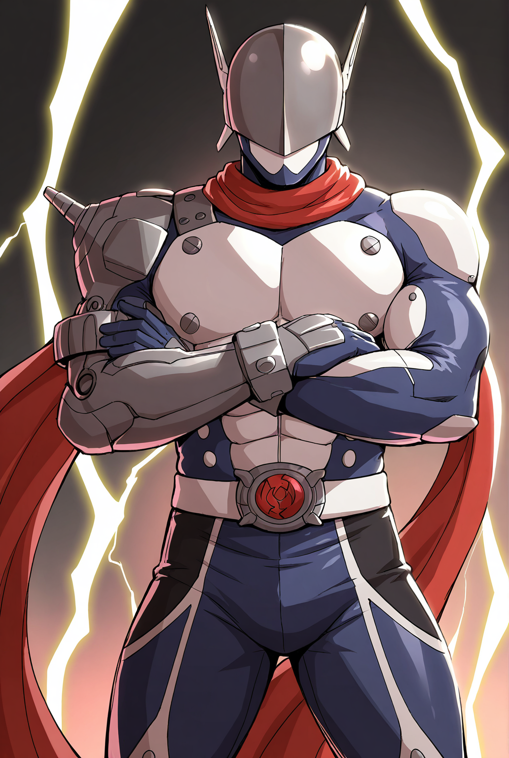 very awe,aesthetically pleasing,masterpiece,best quality,amazing quality,very aesthetic,ultra-detailed,high resolution,8k,1boy,solo,cowboy shot,bara,male focus,detailed face,tokusatsu,helmet,red scarf,armor,belt,gloves,bodysuit,standing,crossed arms,looking at viewer,mechanical parts,electricity background,<lora:add-detail-xl:1>,<lora:Justimon:0.8>,justim0n,