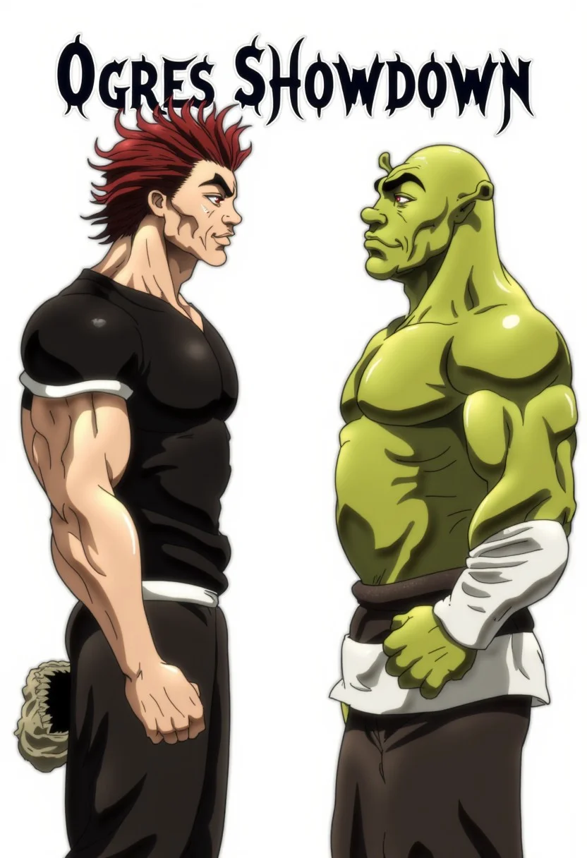 Movie poster of the movie called "Ogres Showdown" in Manga and Anime cartoon style including two characters facing off, standing agains each others. the title "Ogres Showdown" in on top of the poster The first character is Yujiro Hanma, muscular warrior with spiky red hair that wears a black sleveless shirt and also black pants, Yujiro stands in the left part of the poster.
Again him in the right part of the poster stands Shrek, they both raise their hands above their heads in manacing poses, and serious facial expressions looking intro each other eyes.
aidmatextimprover