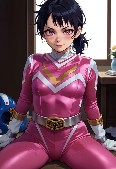 score_9, score_8_up, score_7_up, BREAK,
1girl, solo,
sentaisaintforce, pink bodysuit, silver belt, white gloves, spandex, wing-shaped chest symbol, small breasts, helmet removed, no headwear,
leyleyxl, (black hair), ponytail, (white pupils, pink eyes:.6), messy hair, short ponytail, (upper body:.6), BREAK,
smug, blush, looking at viewer, BREAK,
sitting, legs apart, BREAK,
indoors, floor