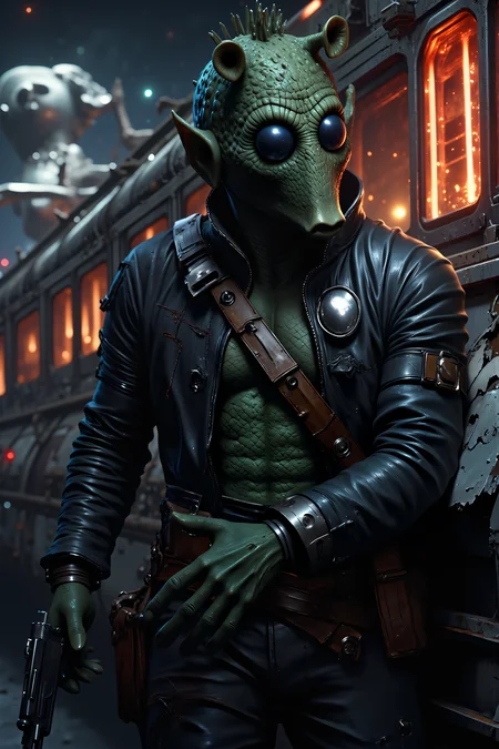 A hyper-realistic portrait, photorealistic photo close-up image of A male Rodian smuggler with snout leans casually against the hull of his freighter, his dark green skin almost blending into the worn, metal surface of the ship. His leather jacket is torn in places, a testament to countless close calls, and his blaster pistol rests loosely in its holster, ready for a quick draw if needed. Around him, the bustling spaceport is alive with activity; droids scurry by carrying crates, while starships of every size and shape land and take off in a chaotic dance. The air smells of fuel and fried street food, and the distant hum of engines reverberates in the background. The Rodianâs sharp eyes scan the crowd, always on the lookout for a potential job or a dangerous bounty hunter looking to cash in on his name. His ship, a patched-together freighter, hums faintly with idle power behind him, the boarding ramp extended like an open invitation. Overhead, the high buildings of the city reach toward the sky, their lights blinking in the dusk. The Rodianâs posture is relaxed, but thereâs a tension in his stanceâheâs always ready to run, always ready to fight. (photography, high-resolution, dynamic, energetic,hyper-realistic, dramatic lighting, shallow depth of field.), MythP0rt<lora:DnDDarkestFantasy:0.5><lora:FluxMythP0rtr4itStyle:0.75><lora:Dever_Flux_Enhancer:0.5><lora:Aura_Flux-000010:0.6><lora:RODIAN_1:1.1>