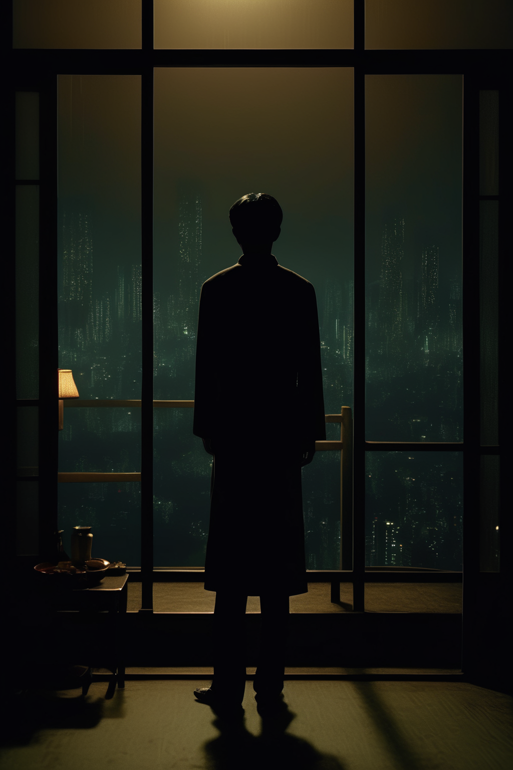 <lora:Director Park Chan-wook style:1>Director Park Chan-wook style - Imagine a wide shot of an Korean man, his silhouette visible against the window. He is positioned to the right side of the frame, off-center. His posture suggests a deep melancholy, a sense of depression that is palpable even in his silhouette. The scene is set late at night, the darkness outside punctuatedthe twinkling city lights that form the cityscape. The image should be rendered in a photorealistic style, with a focus on the intricate details of the cityscape outside. The lighting should be low-key, with the city lights providing a soft glow that illuminates the scene. The composition should be from a far angle that places the viewer behind the man, looking out the window with him. The image should be rendered in a 16:9 aspect ratio, with a version of 5.1, in a raw style, with a quality of 2, and a size of 750.