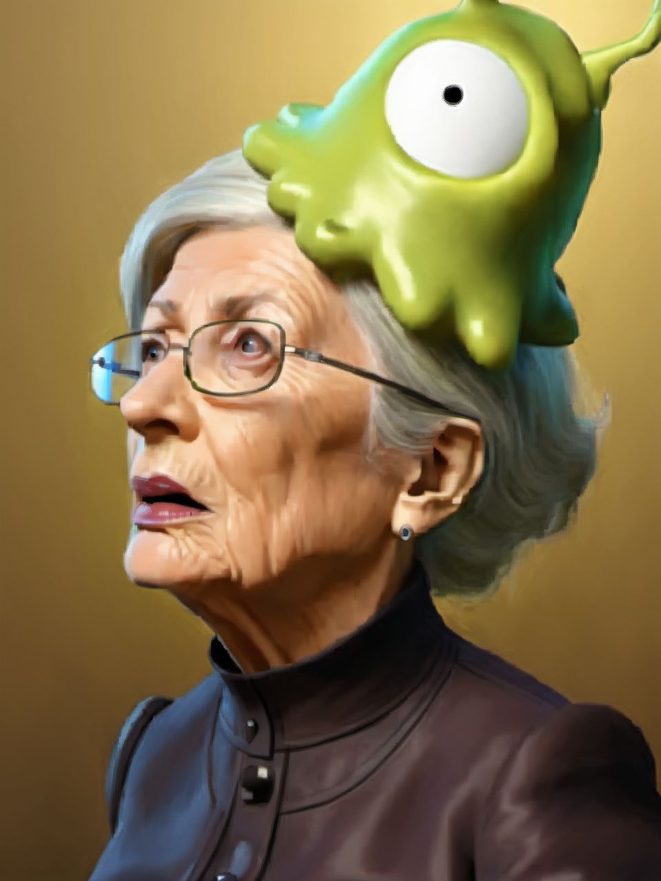 An elderly woman is staring blankly into the air while being brain controlled by a brain slug <lora:SDXL-BrainSlug-Lora:1>, Very detailed, clean, high quality, sharp image, Saturno Butto