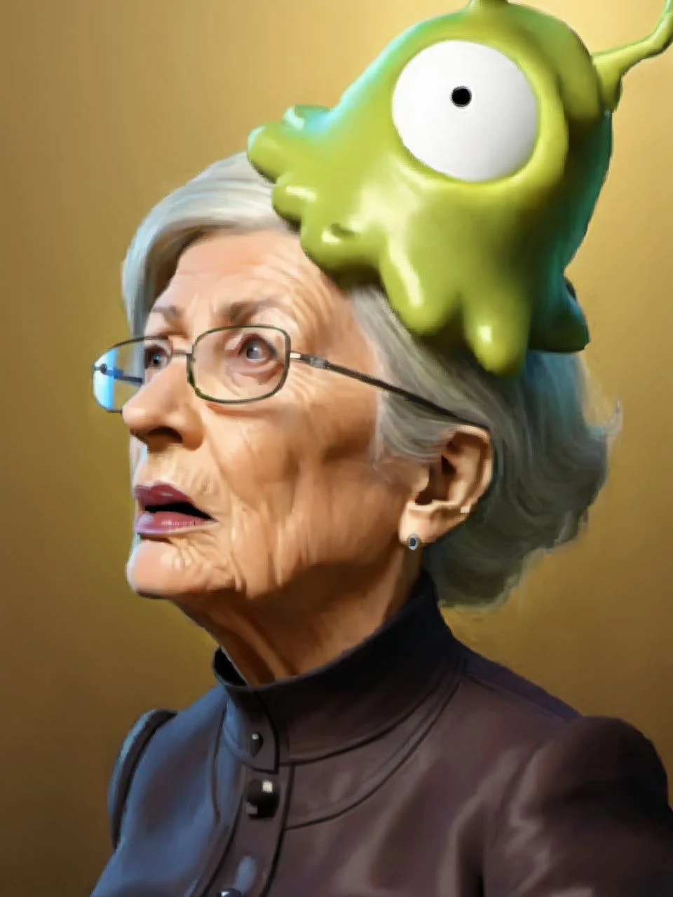 An elderly woman is staring blankly into the air while being brain controlled by a brain slug <lora:SDXL-BrainSlug-Lora:1>, Very detailed, clean, high quality, sharp image, Saturno Butto
