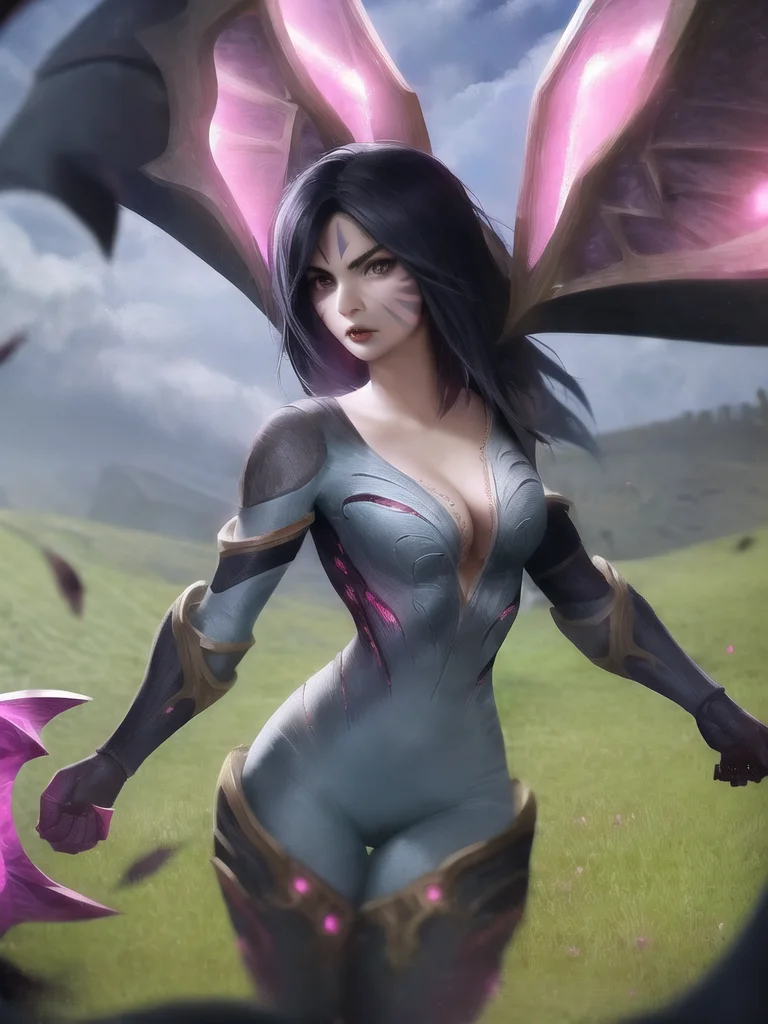 grass, sky, field, kai'sa, league of legends, 1girl, looking at viewer, breasts, solo, medium breasts, long hair, facial mark, bodysuit, skintight, cleavage, black hair, cowboy shot, collarbone, parted lips, void wings, weapon <lora:kaisa-000034:1>