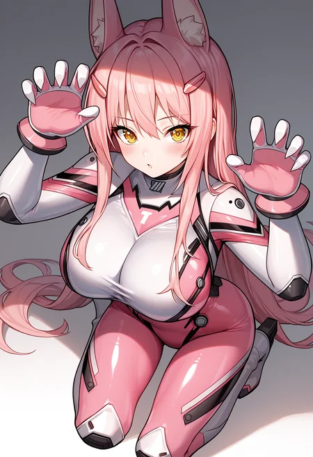 score_9, score_8_up, score_7_up, source_anime,
BREAK
1girl, solo, <lora:shiLeoV1:0.8>, leosuit, pink hair, long hair, large breasts, animal ears, yellow eyes,
hair ornament, hairclip,
skin tight, white bodysuit, pink bodysuit, gloves,
high heel boots, claw pose, > <,
looking at viewer, blush,