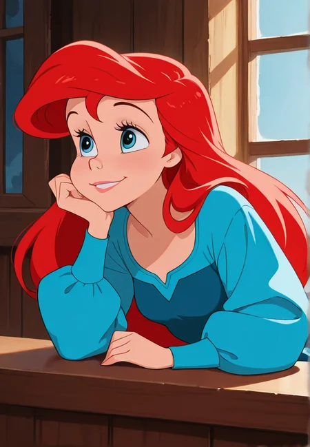masterpiece, best quality, amazing quality, very aesthetic, absurdres, newest, detailed background,
ariel, 1girl, solo, window, blue eyes, long hair, head rest, smile, red hair, long sleeves, retro artstyle,
<lora:Ariel_-_Disney_Illustrious:1>, masterpiece, best quality, amazing quality, very aesthetic, absurdres, newest,