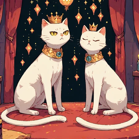 score 9, score 8 up, score 7 up, TarotArtStyleCats, white cat, crown, indoors, night sky, simple art style, <lora:ArtStyleCats:1>