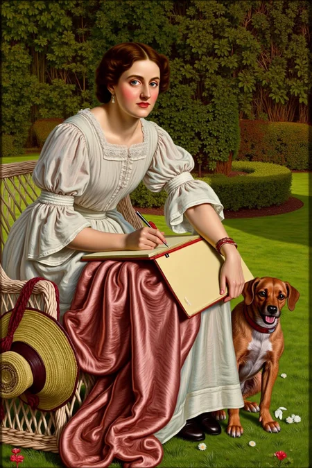 williamhhunt1 painting.
A Victorian woman sitting outdoors in a lush green garden. She has short, curly brown hair and wears a white lace-trimmed, long-sleeved dress with a high neck. She is sketching on a notepad on her lap. A wide-brimmed hat hangs off the side of her chair. A dog stands beside her. <lora:williamhhunt1_cap_d6a3e9:1.0><lora:838051787358471533:0>