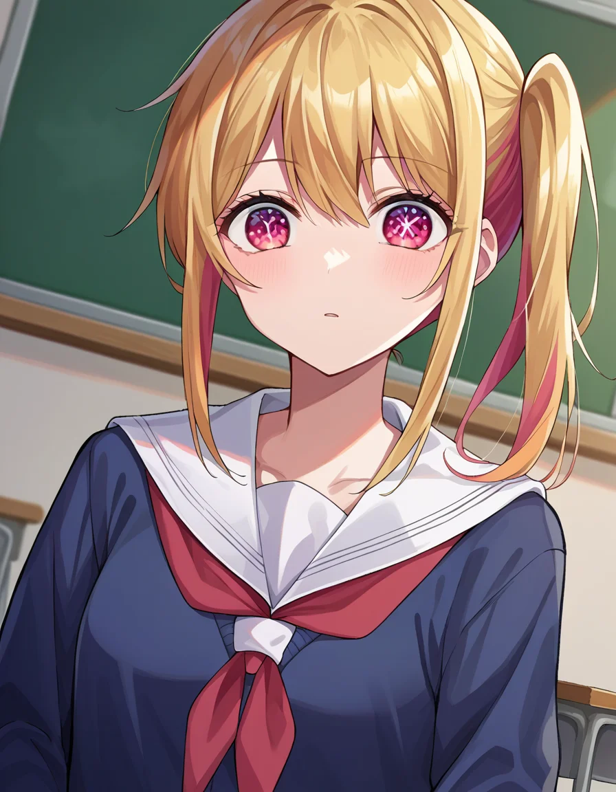 score_9, score_8_up, score_7_up, source_anime,
rubyhoshino, <lora:ruby-hoshino-ponyxl-lora-nochekaiser:1>,
ruby hoshino, long hair, bangs, blonde hair, pink eyes, sidelocks, symbol-shaped pupils, multicolored hair, two-tone hair,
side ponytail, long sleeves, school uniform, serafuku, sailor collar, neckerchief, cardigan, red neckerchief, white sailor collar,
indoors, classroom,
looking at viewer, cowboy shot, dutch angle,
