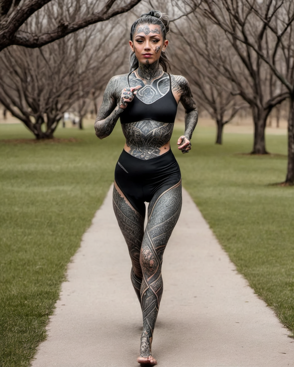 a tattooed woman <lora:DarTataBodGPlus:1.0>  jogging in the park