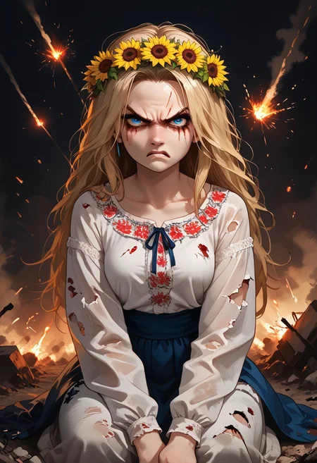 score_9, score_8_up, score_7_up, score_6_up, Expressiveh, g0thicPXL, 1girl, pale white skin, ghostly skin, 
(destroyed city houses, post apocalyptic background:1.3), (angry ghosts in background:1.7),
night, (explosions in background:1.4),
Vyshyvanka, Ukrainian embroidered shirt, embroidered shirt, white long skirt, rage, (looking at viewer:1.3), fists, (fighting pose:1.3),
kneeling, blonde hair, long hair, blue eyes, sunflower wreath, bloody tears, angry expression, resolute, dirty clothes, clothes covered in blood, burned clothes, dirty face, messy hair, ripped skirt, ripped clothes, face focus,