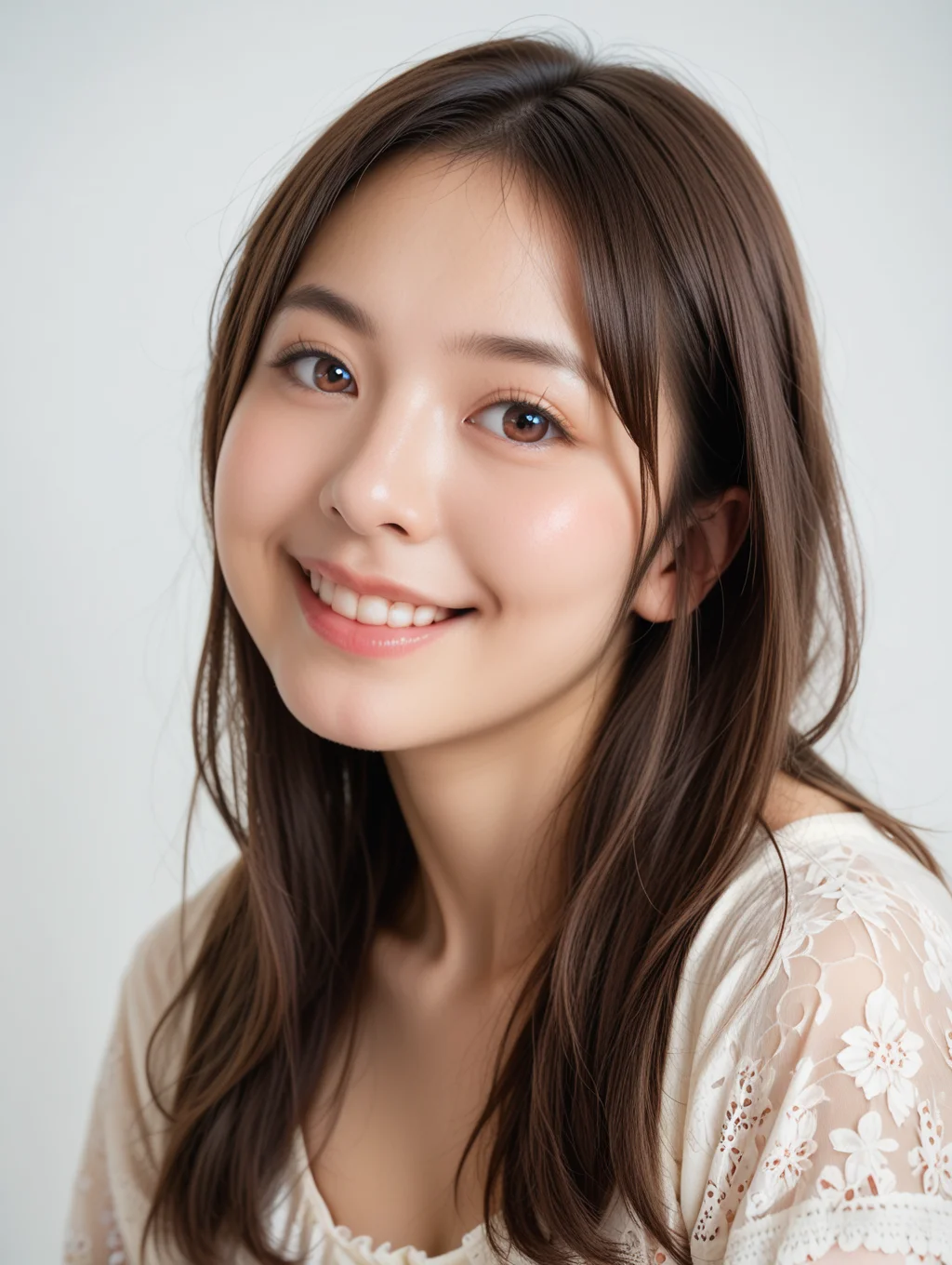 score_9, score_8_up, score_7_up,source_real,real skin,
BREAK
1girl,smile,solo,realistic,brown hair,realistic,long hair,brown eyes,lips,photorealistic,ultra detailed,(looking to the viewer:1.1),upper body,(white background,simple background)