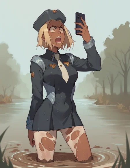 score_9, score_8_up, score_7_up, score_6_up, score_5_up, score_4_up <lora:kitsurubami-ponyxl:1> kitsurubami, hat, military uniform, necktie, pantyhose, dark-skinned female,
1girl, solo, talking on phone, shouting, wet, mud, river