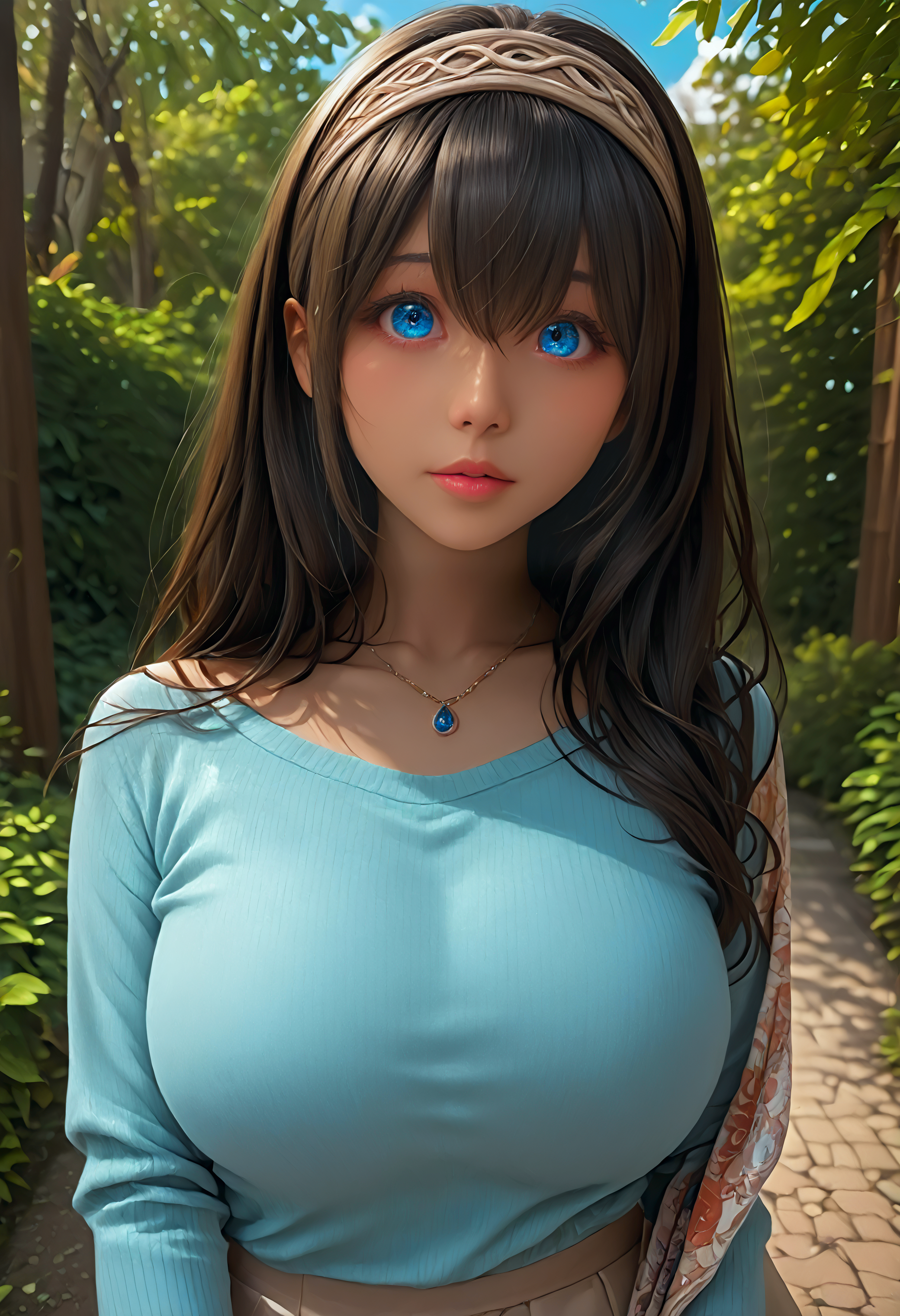 Score_9, score_8_up, score_7_up, masterpiece, best quality, source_anime, zPDXL2, zPDXLrl, detailxl, ffacedetailxl, eyedetailpxl, hairdetailpxl, skindetailpxl, is_pretty, clear, perfection style, perfection, perfect, neghands, absurdres, pretty face, pretty, ultra detailed face, ultra detailed eyes, (realistic,real,photorealistic:1.2), very beauty female is (Curvy body:1.1) and (sagging breasts:0.3), (detailed background:1.3),
BREAK (<lora:fumika-sagisawa-ponyxl-lora-nochekaiser:1> (fumika sagisawa:1.3), blue eyes, (black hair:1.2), hairband, (long hair:1.2), hair over eyes, huge breasts, jewelry, necklace:1), (blue sweater, collarbone, shawl, sweater, skirt:1),
BREAK  1girl,solo, , (portrait:1.6),(<lora:OOFrame:1> (ooframe, extra-close:1),(close-up:1),(breast focus:1):1.3), (dutch angle:1.2), (dynamic angle:1.4), (standing:1.3), () , <lora:nobra_SDXL:0.8> (covered nipples:1), (erect nipples:0.8), (shy:1.8),(full-face blush,blush:1.2),Cute moaning, outdoors, daygtime, nature forest,on grass,forest, sky, cloud sky,
<lora:[SDXL 1.0] detailed_notrigger:1> <lora:[SDXL1.0] clear:3> <lora:[SDXL1.0] is_pretty:3> <lora:perfection style:1> <lora:[PONY] 3Danimation_Disney_1.0:0.8> <lora:pubic hair_pony_V1.0:0.6> <lora:vivid_everclear:0.5> <lora:[SDXL1.0] noribsXL_001_4:1>