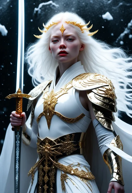 epic realistic, close-up, 1 girl, warrior, sword, albino, floating white hair, long hair, snow, snowflakes, ice crystals, cold, holding katana, white kimono with complex golden patterns, extremely detailed, black background, simple background
Intricate details. Work by Ivan Shishkin to Yoshitaka Amanos.
perfection style, vivid colors, colorful, vivid background, midjourneyv6.1, 4lb1n0 G0dd3ss, woman, white hair, jewelry, from side, robes, armor, celestial, V4lkyr13 W4rr10r Pr13st3ss
