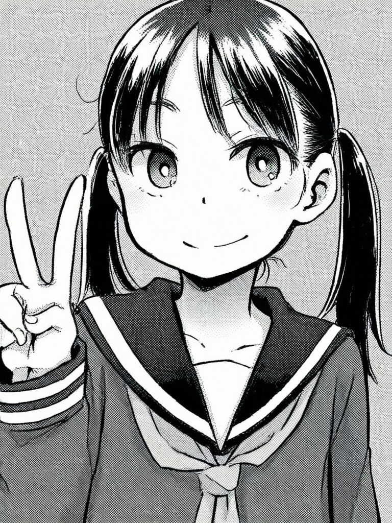 score_9, score_8_up, score_7_up,  
1girl, monochrome, black hair, twintails, flat chest, serafuku, school uniform, long sleeves, v, smile, closed mouth, upper body, looking at viewer,